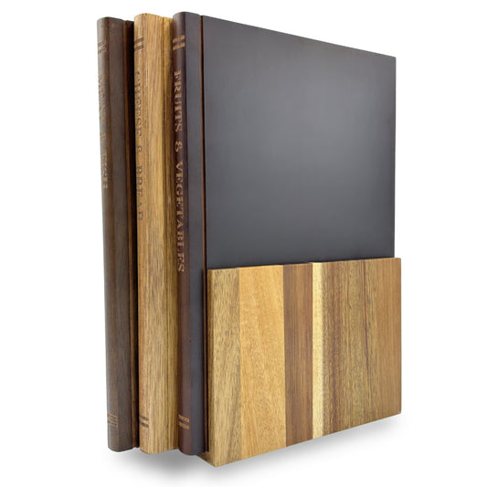 The Cutting Board Library | 100% Acacia Wood | Set of 3 Decorative & Functional Cutting Boards with Wooden Stand