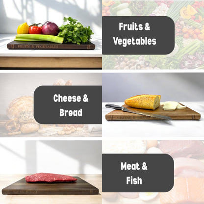 The Cutting Board Library | 100% Acacia Wood | Set of 3 Decorative & Functional Cutting Boards with Wooden Stand