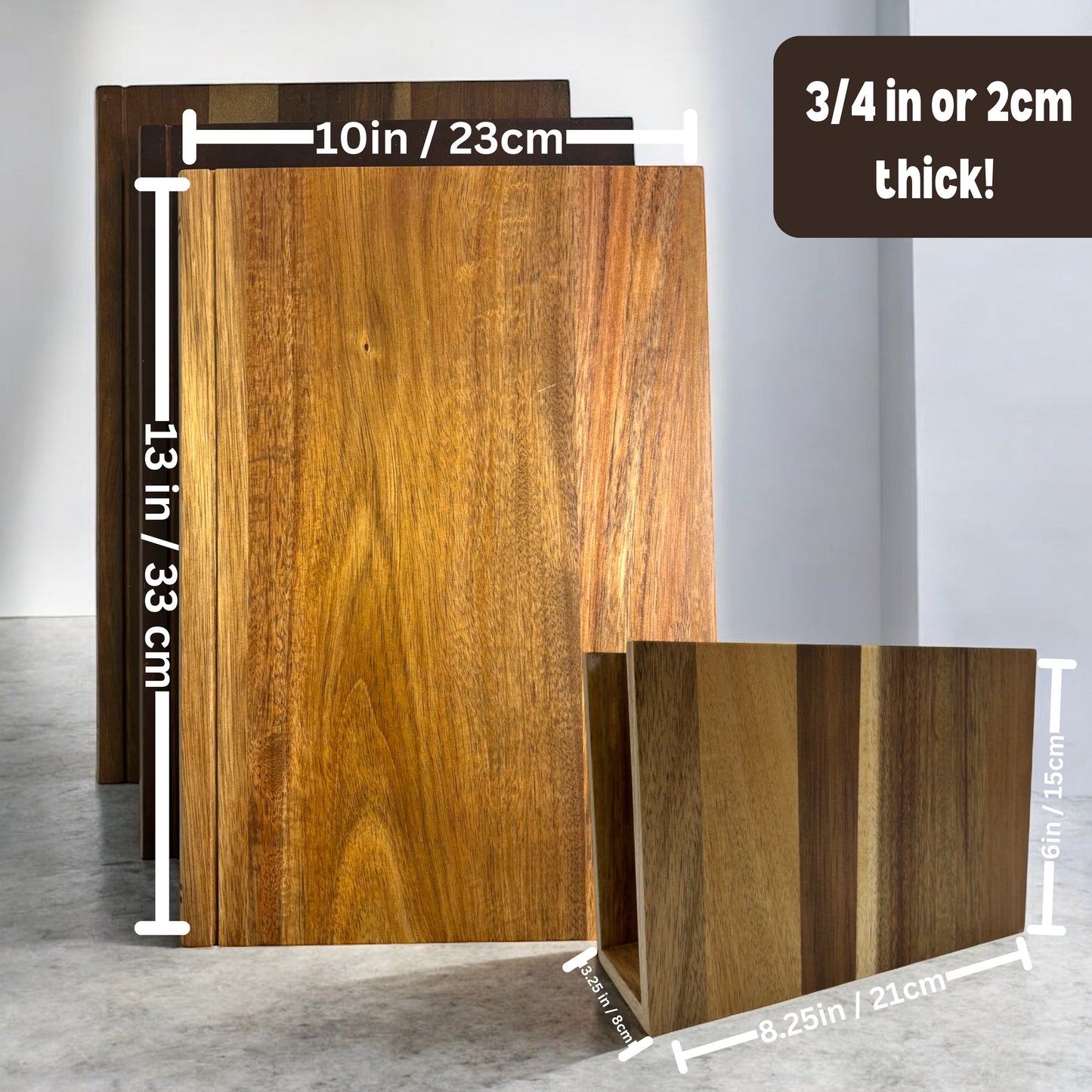 The Cutting Board Library | 100% Acacia Wood | Set of 3 Decorative & Functional Cutting Boards with Wooden Stand