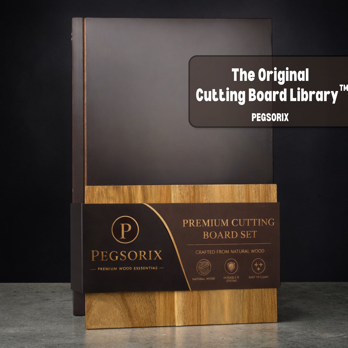 860013875510 | The Cutting Board Library | 100% Acacia Wood | Set of 3 Decorative & Functional Cutting Boards with Wooden Stand