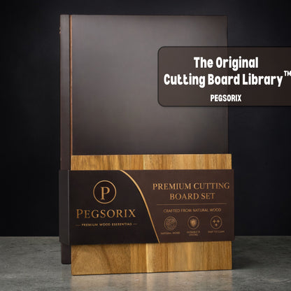 860013875510 | The Cutting Board Library | 100% Acacia Wood | Set of 3 Decorative & Functional Cutting Boards with Wooden Stand