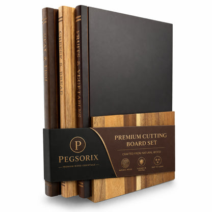 860013875510 | The Cutting Board Library | 100% Acacia Wood | Set of 3 Decorative & Functional Cutting Boards with Wooden Stand