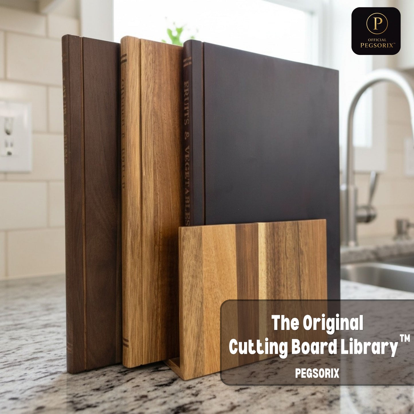 860013875510 | The Cutting Board Library | 100% Acacia Wood | Set of 3 Decorative & Functional Cutting Boards with Wooden Stand